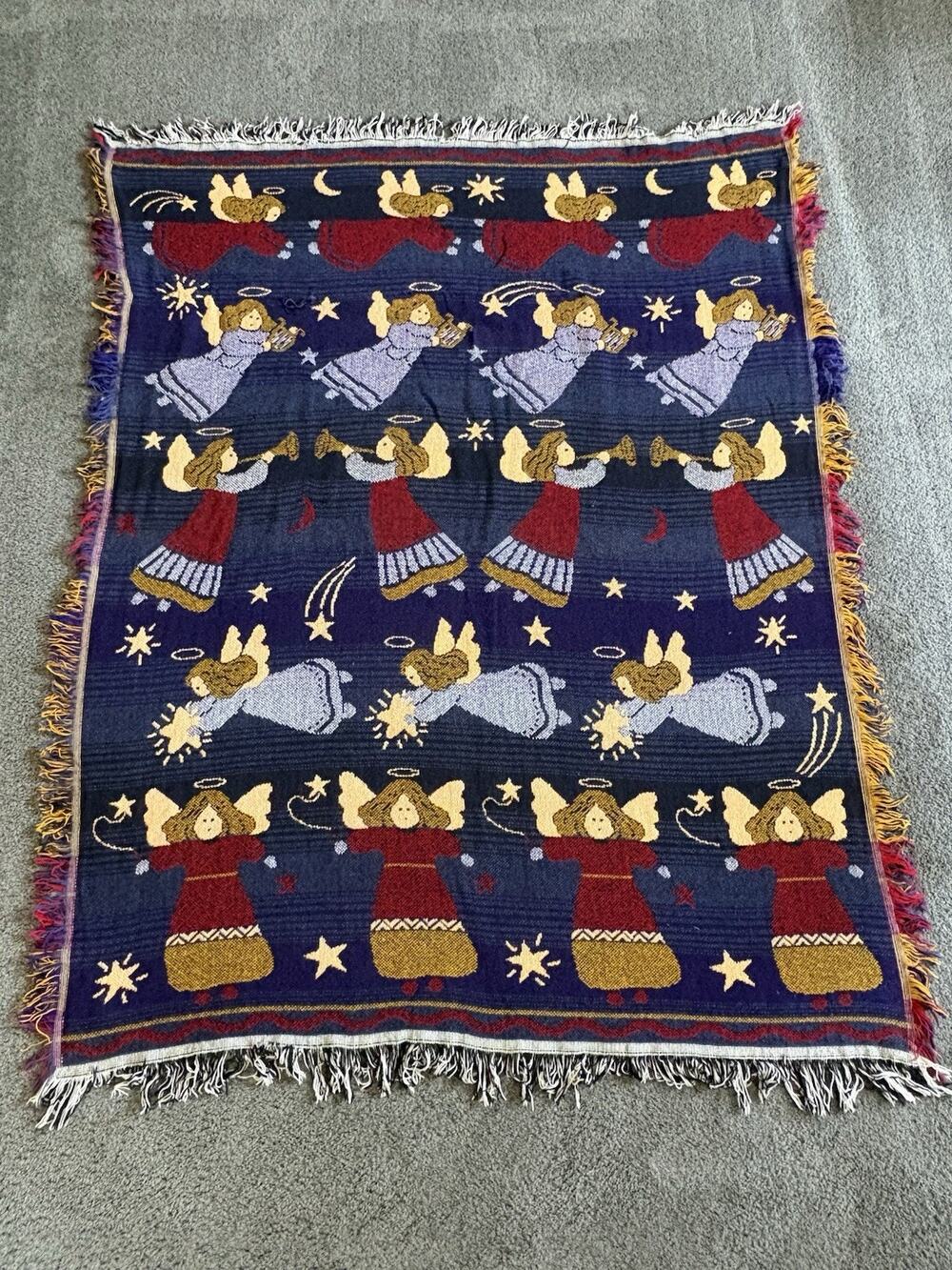 Crown Crafts Flying Angels Stars Halo's Woven Throw blanket 45"x 59" Vintage